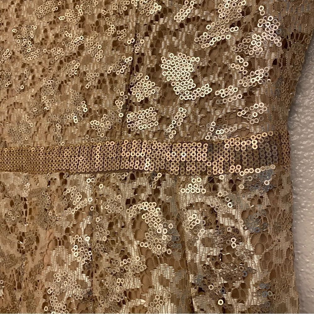 C. Luce Gold champagne all over Sequins formal Dress v neck cap sleeve NYE L - Picture 13 of 15